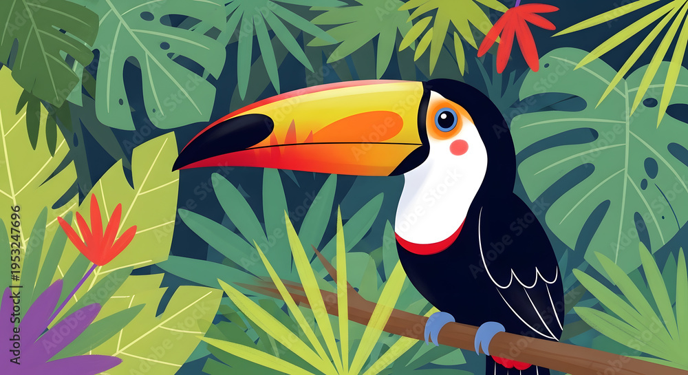 Naklejka premium Exotic toucan bird with a large colorful beak perched on a branch