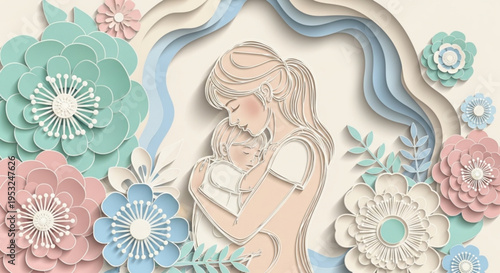 Mother and baby embracing surrounded by colorful paper flowers and leaves in soft pastel hues on a beige background