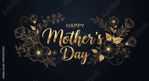 Golden happy mother's day floral greeting card with flowers and leaves on black background for celebration