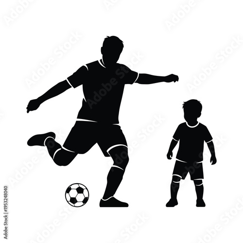 A silhouette of a father and son playing soccer together with a visible ball high quality