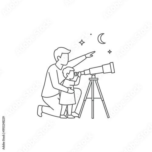 A father and child stargazing with a telescope under a crescent moon and twinkling stars