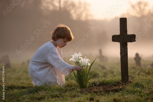 A child in a white robe places a white lily at the foot of a wooden cross in ...