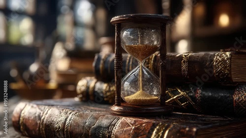 Vintage hourglass on ancient books symbolizing timeless knowledge and urgency