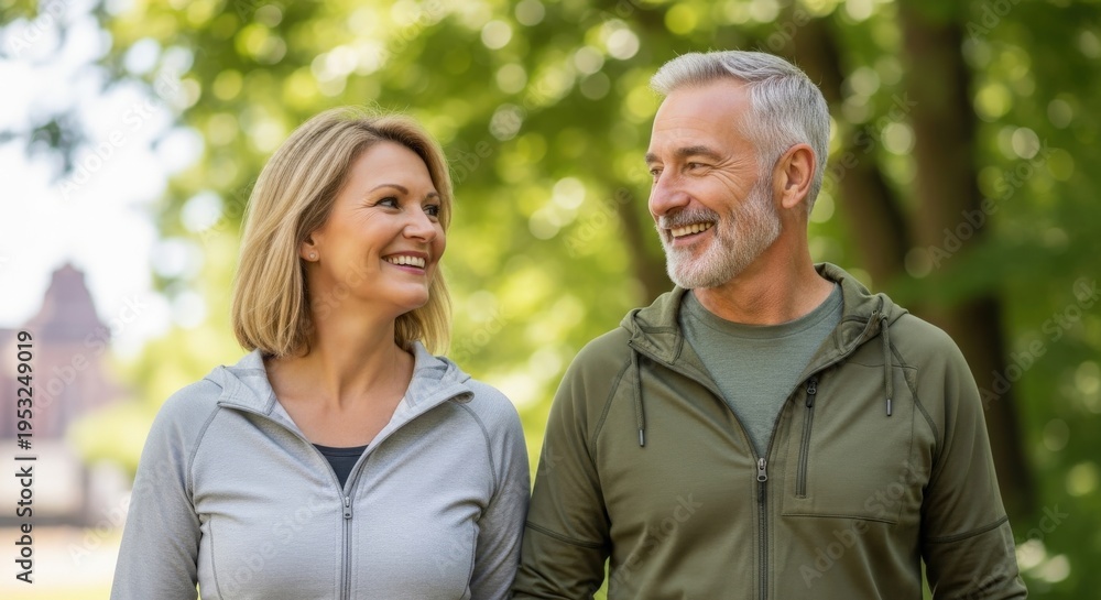 Fototapeta premium Happy middle aged couple walking in park with healthy lifestyle, love and outdoor wellness concept.