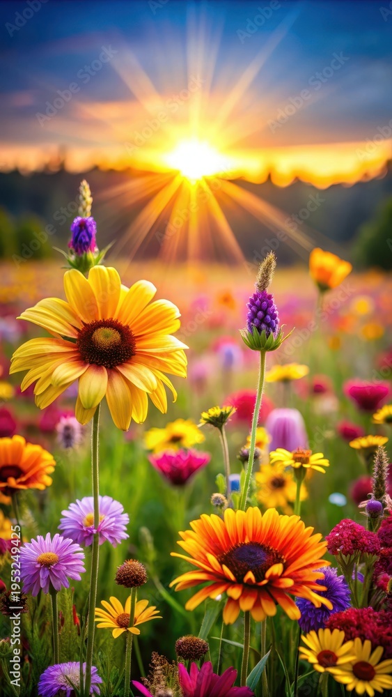 Obraz premium A photo of a bright sunlit meadow with colorful wildflowers blooming in vibrant hues of yellow, orange, pink, and purple