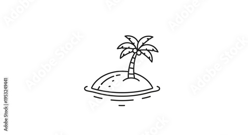 Minimalist Line Art Icon of a Tropical Island with a Palm Tree in the Ocean