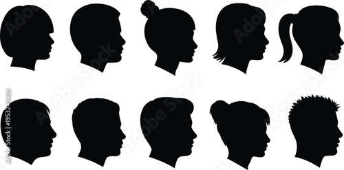 Assortment of Black Adult Head Silhouettes in Profile on White Background vector illustration