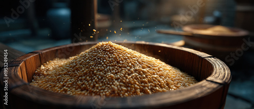 Wallpaper Mural Golden rice grain pile glistening with morning dew in wooden bowl, warm light highlighting texture and loose kernels scattering gently, rustic kitchen atmosphere evoking harvest and natural food Torontodigital.ca