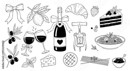 diverse hand-drawn food and drink illustrations including wine pasta cheese and cake for culinary design