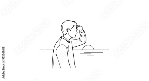 Man looking at the horizon at sunset, searching for future, hope, and inspiration