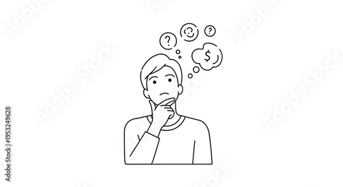 Man thinking about money and questions, decision making, financial planning, confusion