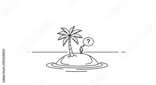Man stranded on desert island with question mark thought bubble, concept of isolation and confusion