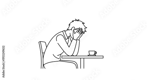 Man sitting at table with head in hands, looking stressed or sad, with coffee cup