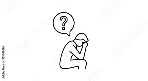 Man sitting, thinking with a question mark in a speech bubble, confusion, doubt, problem-solving