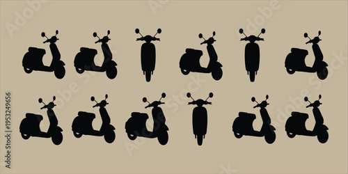 Black Silhouettes of Scooters from Various Angles on Beige Background moped motorcycle