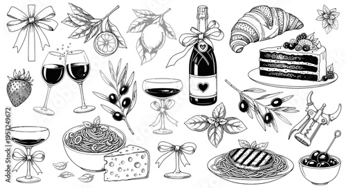 hand-drawn food and drink illustrations a collection of culinary elements like wine pasta and desserts for design projects.