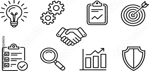 Business and Strategy Icons in Black Outline on White Background Keywords: light bulb, gears, clipboard with graph, target with