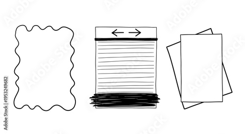 hand-drawn graphic elements for design projects featuring blank pages a creative frame and a ui sketch offering versatile copy space.