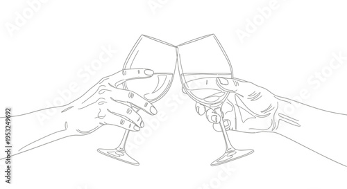 line art illustration of two hands holding and clinking wine glasses in a celebratory toast symbolizing friendship and cheers