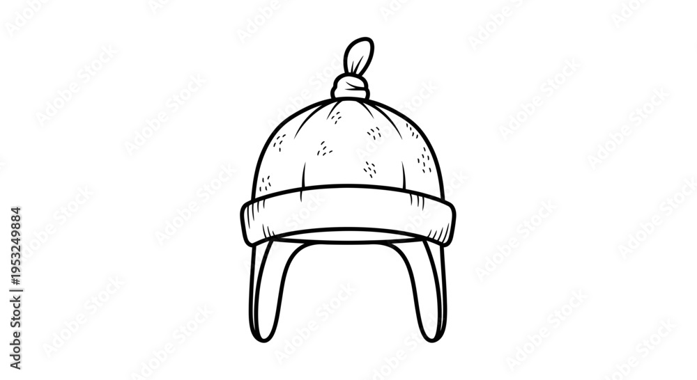 Fototapeta premium Hand-drawn illustration of a winter hat with ear flaps and a pom-pom, isolated on white background.