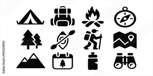 Collection of Black Icons for Outdoor Camping and Adventure hiking outdoors
