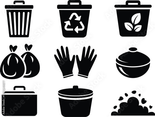 Collection of Black Icons Representing Trash and Cleaning Supplies Keywords: trash can, recycle bin, garbage bags, gloves, pot