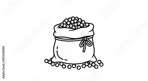 Hand-drawn illustration of a sack full of peas, with some spilled on the ground.