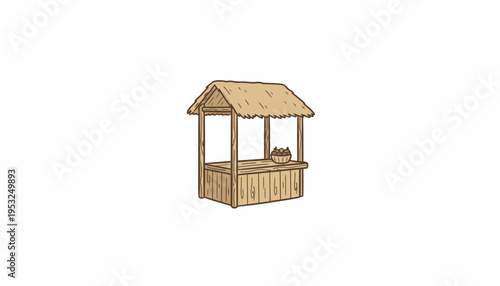 Hand-drawn illustration of a simple wooden market stall with a thatched roof