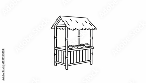 Hand-drawn illustration of a tropical food stall with thatched roof and bamboo structure