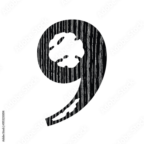 Distressed black number nine vector illustration with rough wood grain texture, perfect for rustic design, vintage typography, or grunge-style graphic elements.