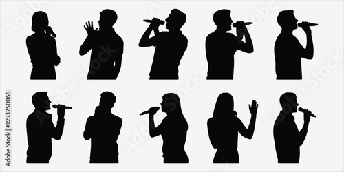 Collection of Black Silhouettes of People Singing with Microphones on White Background singer music