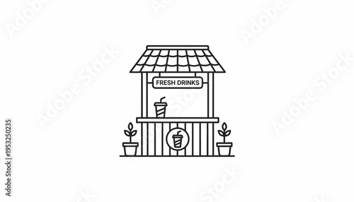 Fresh Drinks Stand Icon: Refreshment Kiosk with Plants and Beverage Cup