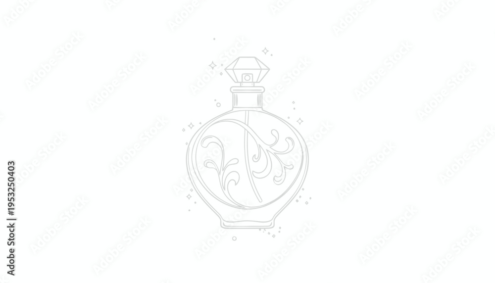 Obraz premium Elegant Perfume Bottle Outline with Swirls and Sparkles - Vector Illustration