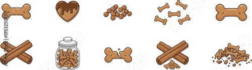 Set of dog treats and pet snacks vector icons featuring bone shapes, cookies, treat jars, and cinnamon sticks in a colorful line art style.