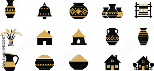 Stylized vector illustration of traditional cultural icons including pottery, houses, rice stalks, loom, and decorative heritage elements