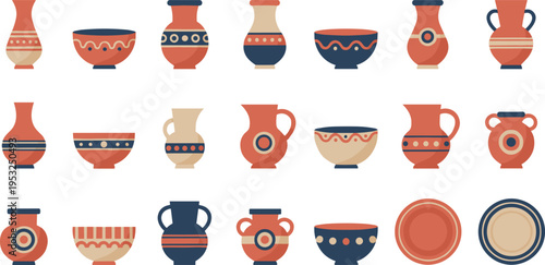 Stylized vector illustration of twenty decorative pottery pieces including vases, bowls, jugs, and plates with geometric patterns