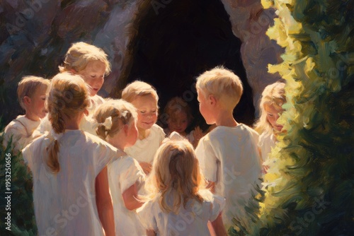 A group of diverse children gathered in a lush garden at dawn, wearing simple...