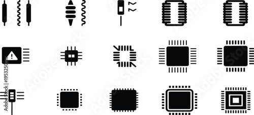 Electronic Component Icons With Microchips And Resistors electronic components integrated circuit