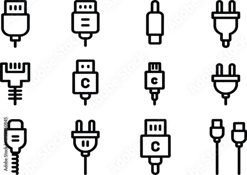 Electronic Connector And Plug Icons With USB and Power electronic connectors plugs