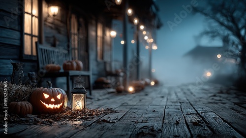Glowing carved pumpkin lanterns flickered with candlelight on the wooden porch, surrounded by mist and cobwebs, creating a dark and gloomy Halloween atmosphere with deep shadows.