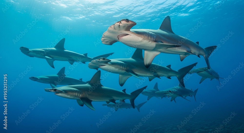 Obraz premium School of Hammerhead Sharks Swimming Together in Deep Blue Ocean