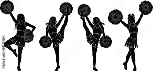 Set of cheerleader silhouettes with pom poms, high school spirit girl athletes performing dance moves and stunts for sports design,