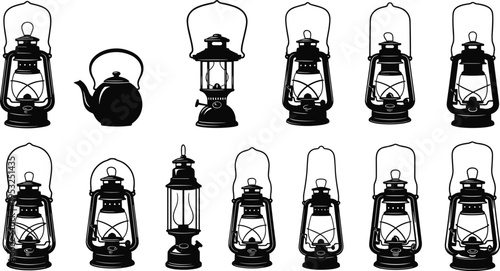 Set of vintage lantern silhouettes and old camping kettles, rustic kerosene lamp vector icons for outdoor adventure and antique design,