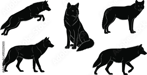 Wolf silhouette vector set, wild animal collection with jumping and standing wolves, predator canine icons for nature and wilderness design.