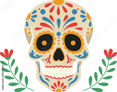 A cute cartoon vector illustration of a human skull with flowers and crossbones, featuring a black tattoo style pattern and skeleton anatomy design for a Halloween horror symbol
