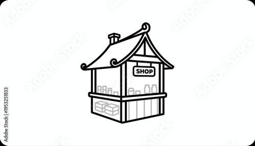 Cartoon Shop Stall Icon, Small Booth with Sign and Goods, Vector Illustration