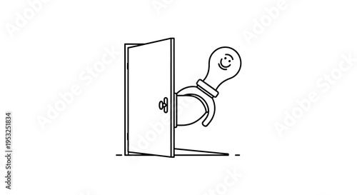 Cartoon light bulb character peeking around a door, idea concept