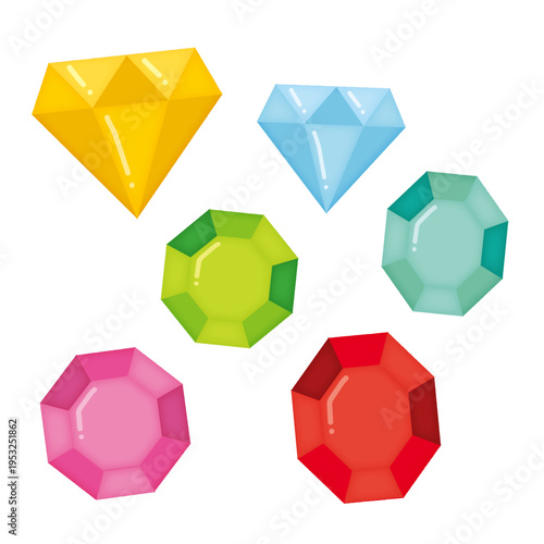 宝石のカラフルな集合イラスト ピンク・イエロー・ブルー・グリーン・レッド/Cute Crystal Gems Icon Collection – Yellow, Blue, Green, Pink, Red  