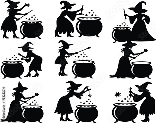Nine black silhouette icons of witches stirring cauldrons with magic wands on white background vector