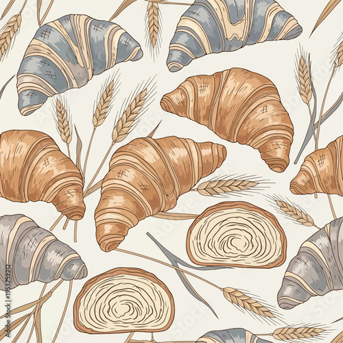 Illustration of assorted croissants and wheat stalks on a beige background with a seamless pattern design.